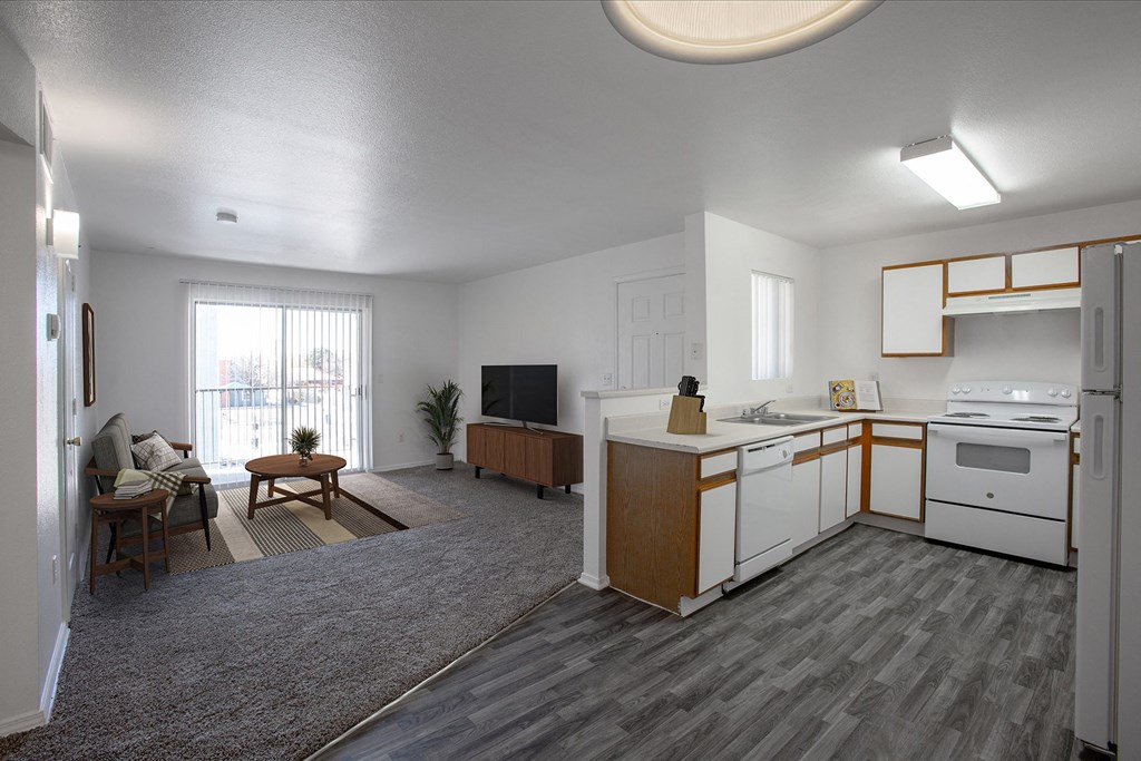 Living Room and Kitchen 3 Bedroom Floorplan at Aspen Ridge Apartments in Albuquerque New Mexico